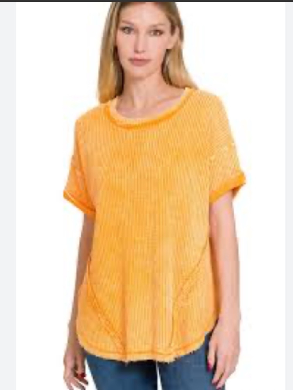 Zenana washed rolled, raw-edge short sleeves center seam detail waffle-knit top - Picture 5 of 10